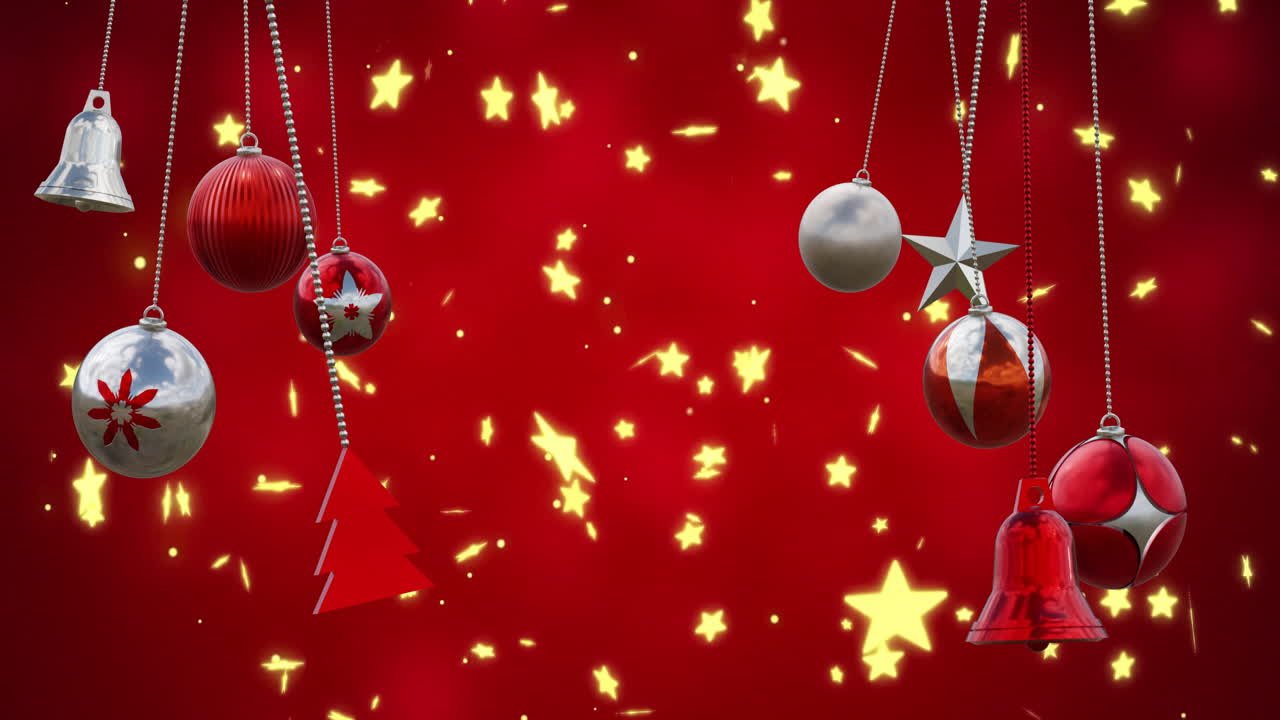 Animation of christmas baubles over stars on red background