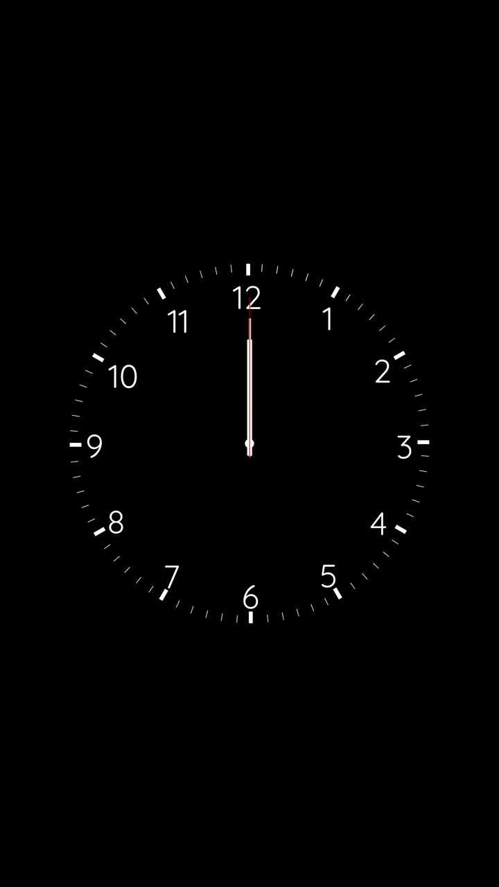 Sfondo minimalista con quadrante di orologio nero, numeri bianchi, lancette sottili e lancetta dei secondi rossa su sfondo scuro.