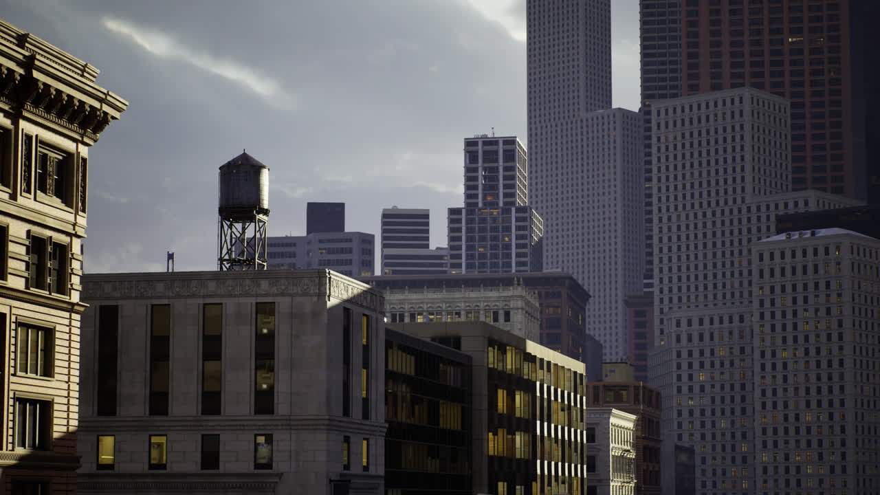 Urban skyline at dusk featuring modern architecture and historical elements