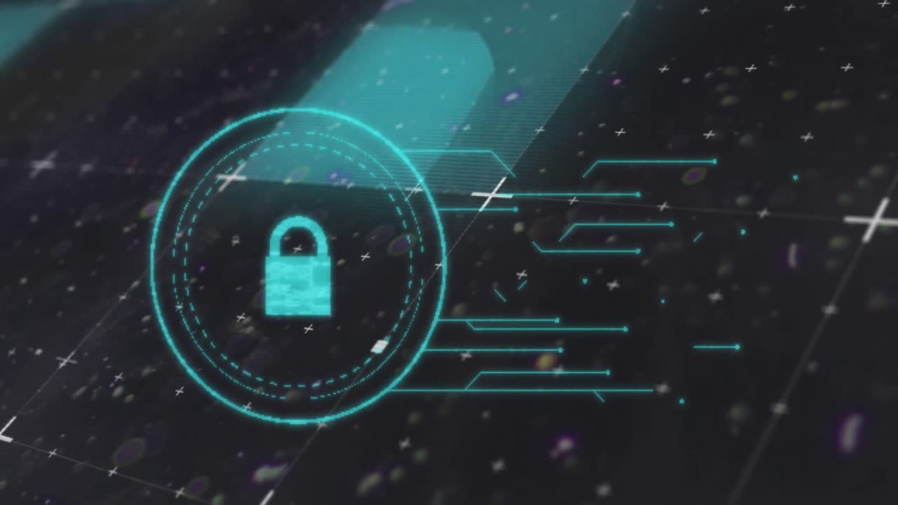 rastros de luz sobre el icono del candado de seguridad contra partículas blancas en fondo negro