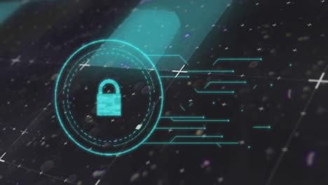 Light trails over security padlock icon against white particles on black background