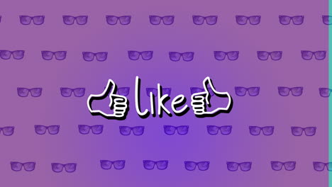 animation of like text with icons over glasses icons on purple background