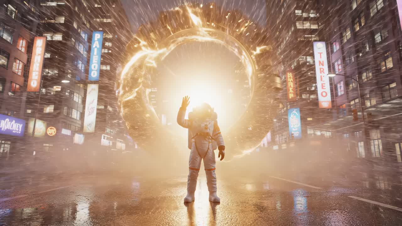 Astronaut in City Street with Portal