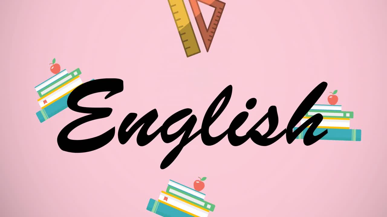 Animasjon av engelsk tekst over ikoner av skoleutstyr på rosa bakgrunn
