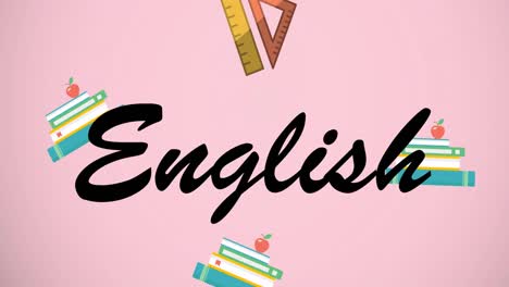 Animation-of-english-text-over-school-items-icons-on-pink-background