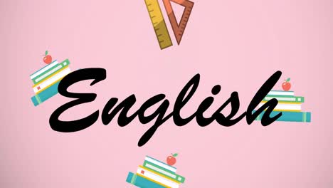 animation of english text over school items icons on pink background