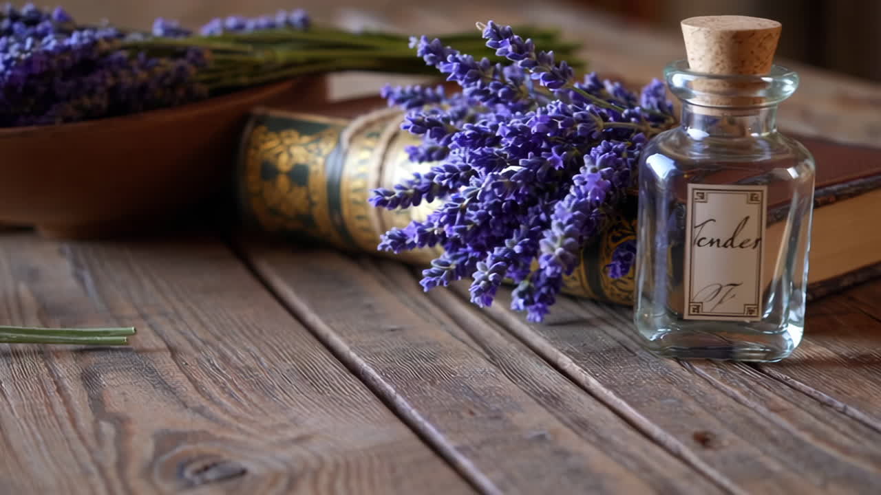 Lavender Still Life with Books and Vintage Bottle