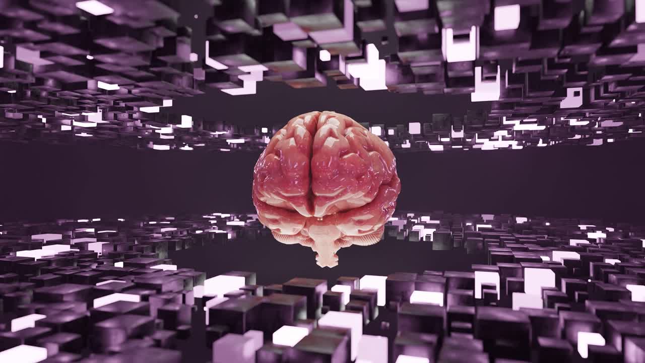 Human brain floating inside a tunnel of glowing pink cubic structures. Futuristic 3D digital illustration. Artificial intelligence and virtual reality concept. Design, banner, wallpaper,