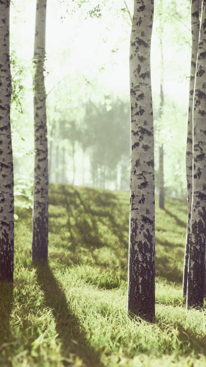 Soft sunlight filters through birch trees in a serene forest glade