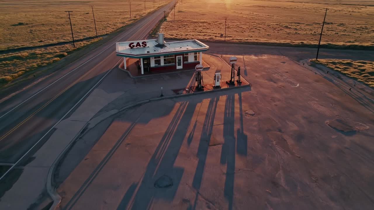 Aerial perspective reveals gas station at sunset, surrounded by vast open terrain and long roads, highlighting tranquil atmosphere and natural beauty