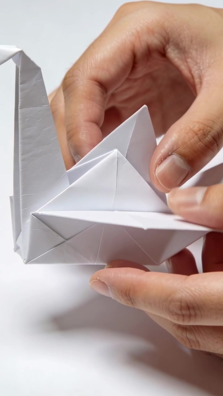 Video verticale: Sollevando una piccola aletta, mani che piegano e modellano una gru di carta su un tavolo per completarla.