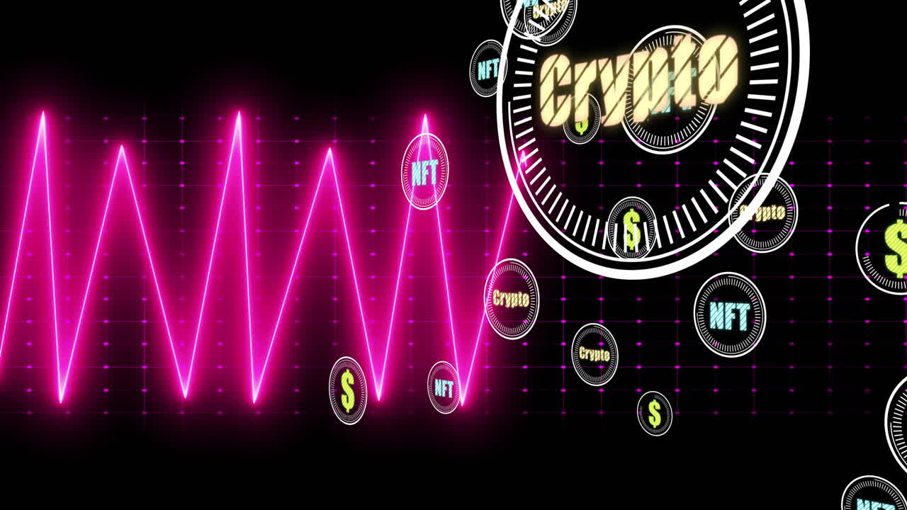 Crypto and NFT symbols animation over black grid background