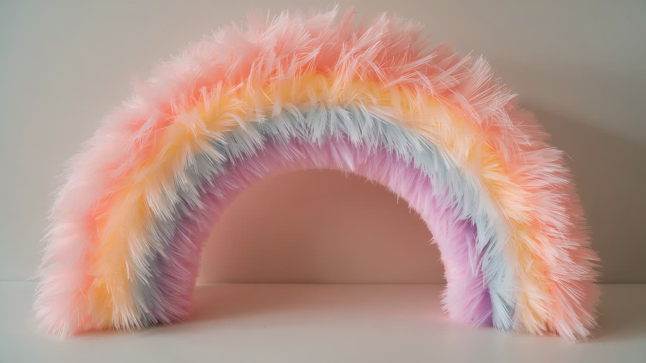 Zooming camera moving forward over light tabletop against pale wall, showing faux-fur rainbow arch