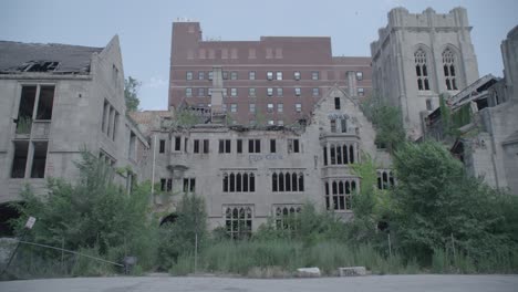 wide day exterior of abandoned cathedral in gary indiana