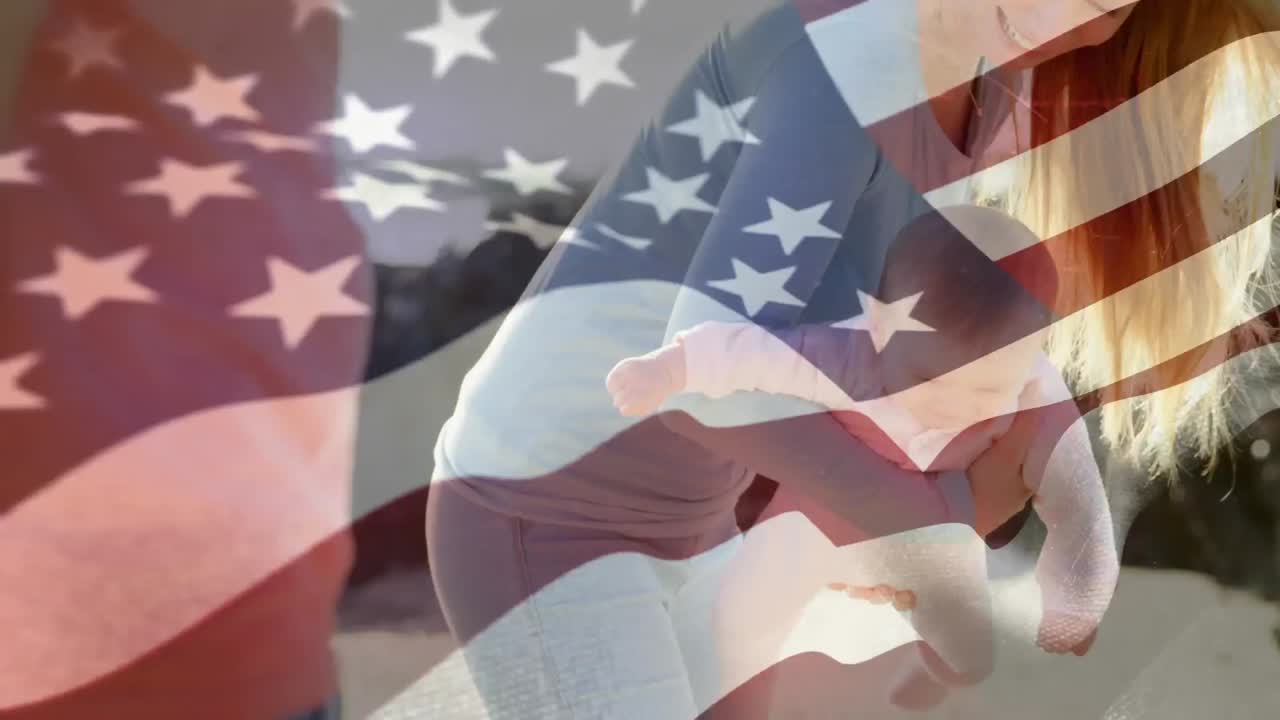 madre y hijo caucásicos con nosotros ondeando una bandera en primer plano