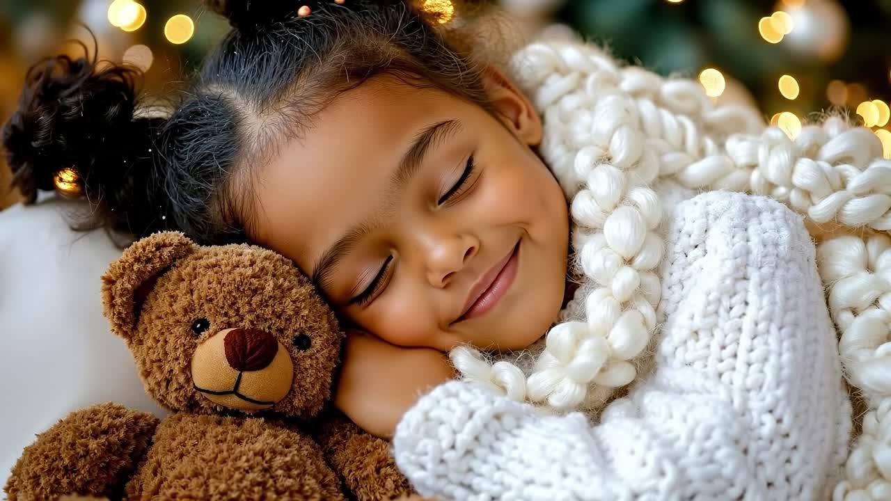 A little girl sleeping with a teddy bear in front of a Christmas tree