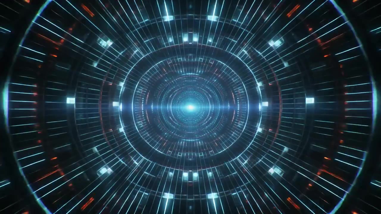 Futuristic Digital Tunnel with Glowing Blue Light Rings