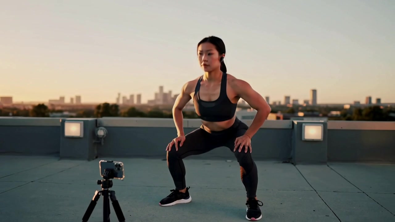 Donna asiatica che fa squat bassi, in reggiseno sportivo e leggings, su un tetto, con una telecamera su treppiede che riprende degli auricolari.