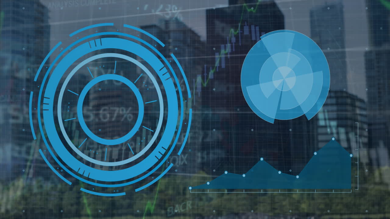 Animation of loading circles, multiple graphs and trading board over modern buildings against sky