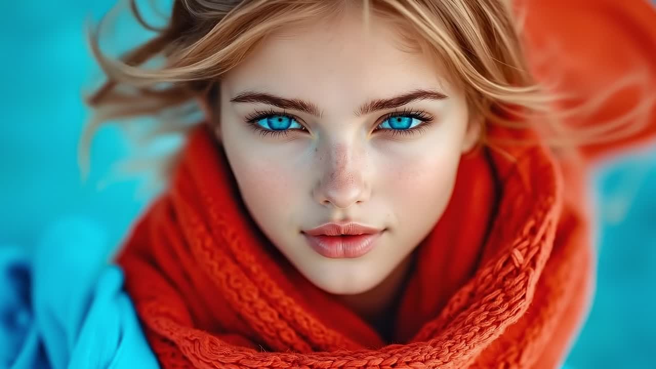 빨간 스카프를 두르고 파란 눈을 가진 여자
