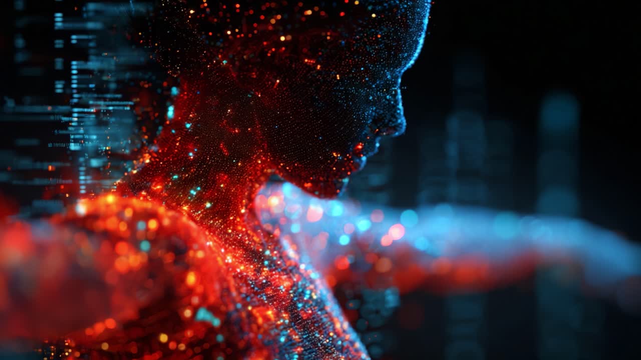 A stunning visualization of an abstract figure composed of sparkling particles, capturing a mesmerizing interplay of light and digital elements in a captivating cosmic setting