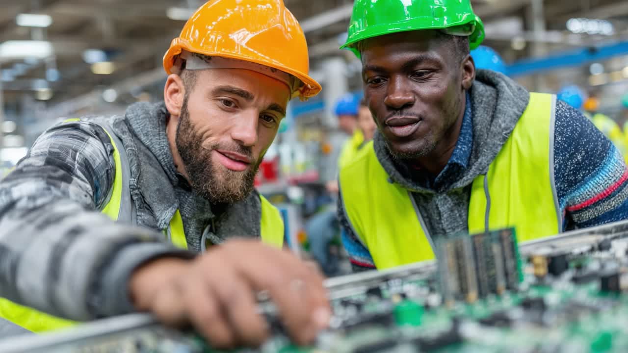 Two Engineers Collaborate on Circuit Board Inspection in a Modern Manufacturing Facility, Showcasing Teamwork and Technical Expertise in Electronics Industry