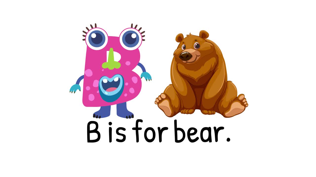 Colorful animation with playful characters introducing the letter B and a bear on a white background