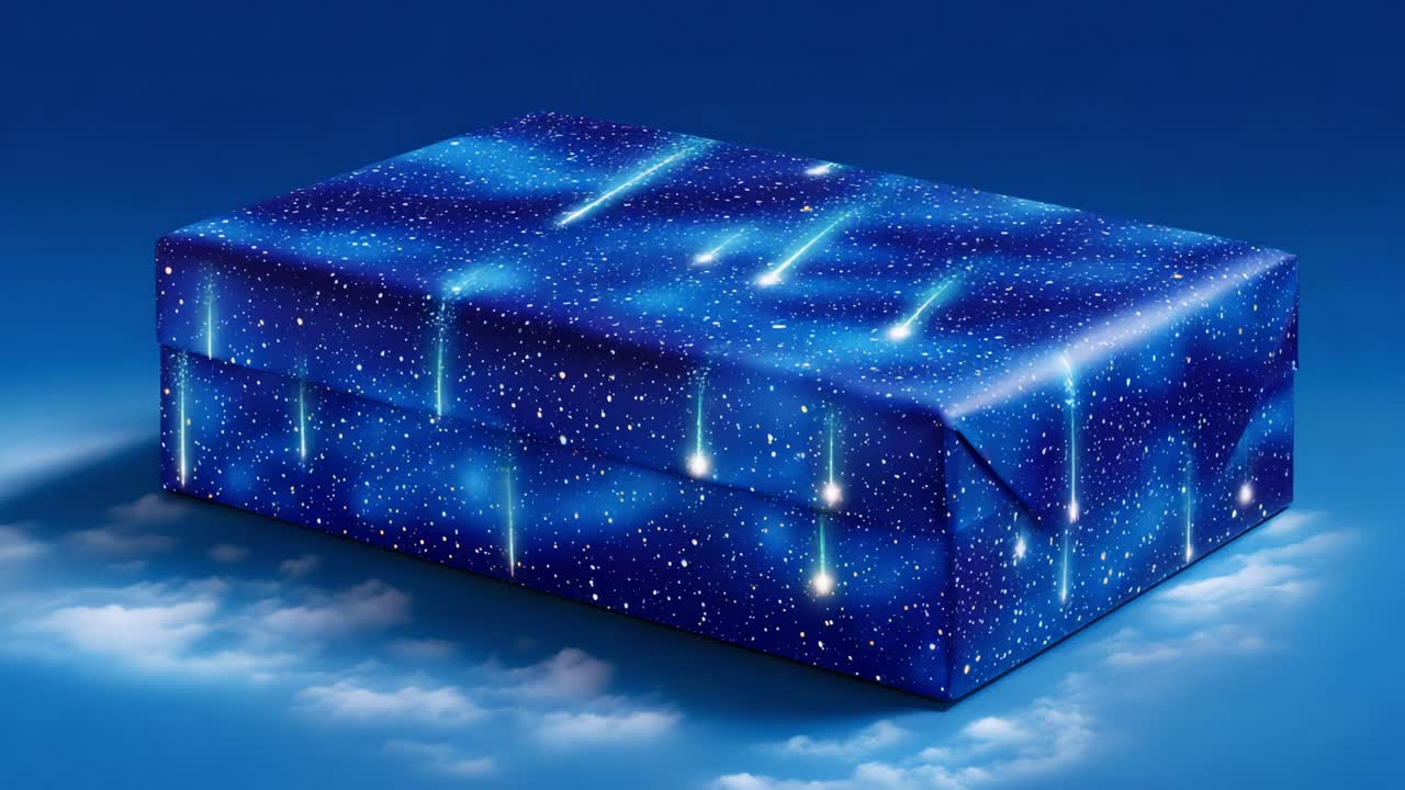 A cosmic-themed gift box showcasing a brilliant starry design, captures the beauty of the night sky adorned with shimmering celestial elements, inviting curiosity and wonder