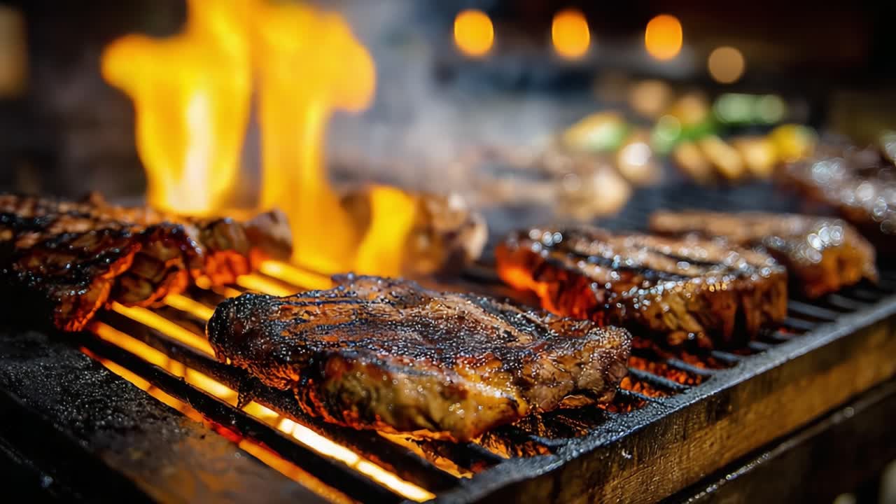 L'Esperienza Sfrigolante del BBQ: Primo Piano di Bistecche Succose che Grigliano su Fiamme Ardenti e Aromi Affumicati, Catturando l'Essenza della Cucina all'Aperto e dei Raduni Estivi.