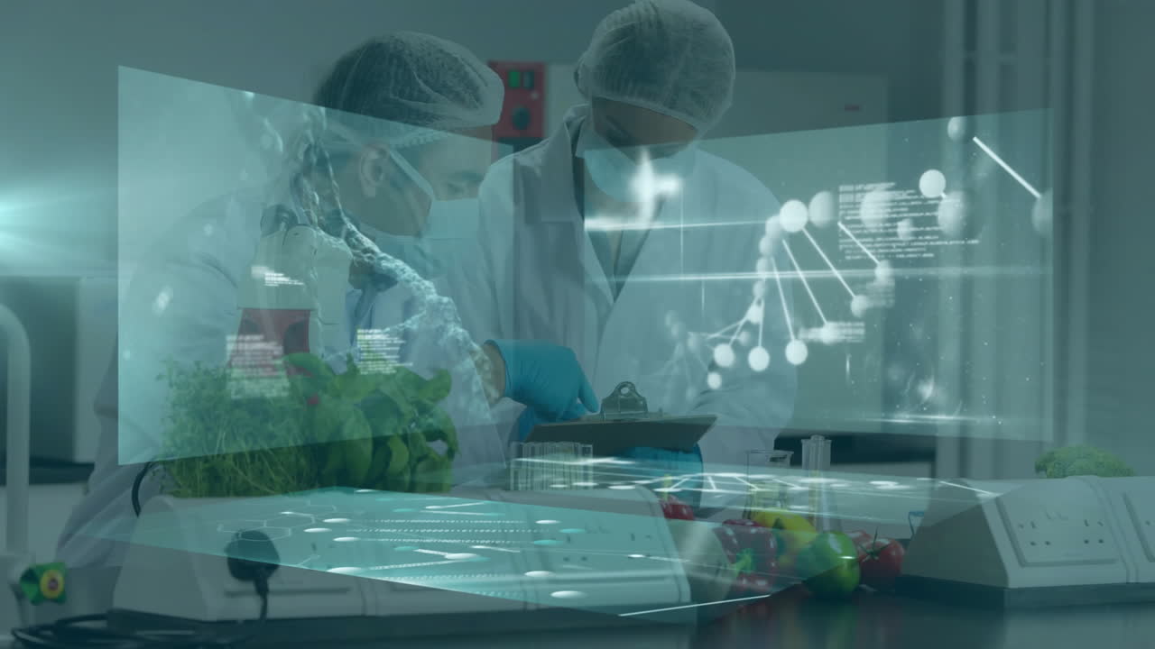 Scientists examining fresh produce on lab bench, showcasing holographic DNA helix and code overlays
