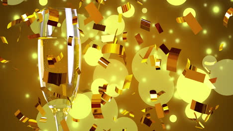 animation of confetti falling over glass of champagne on yellow background