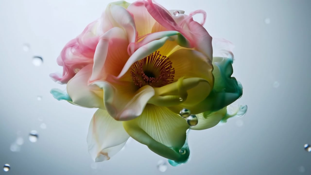 Flor pastel suspensa na água, experimento de difusão de tinta por artista, close-up de pétalas delicadas
