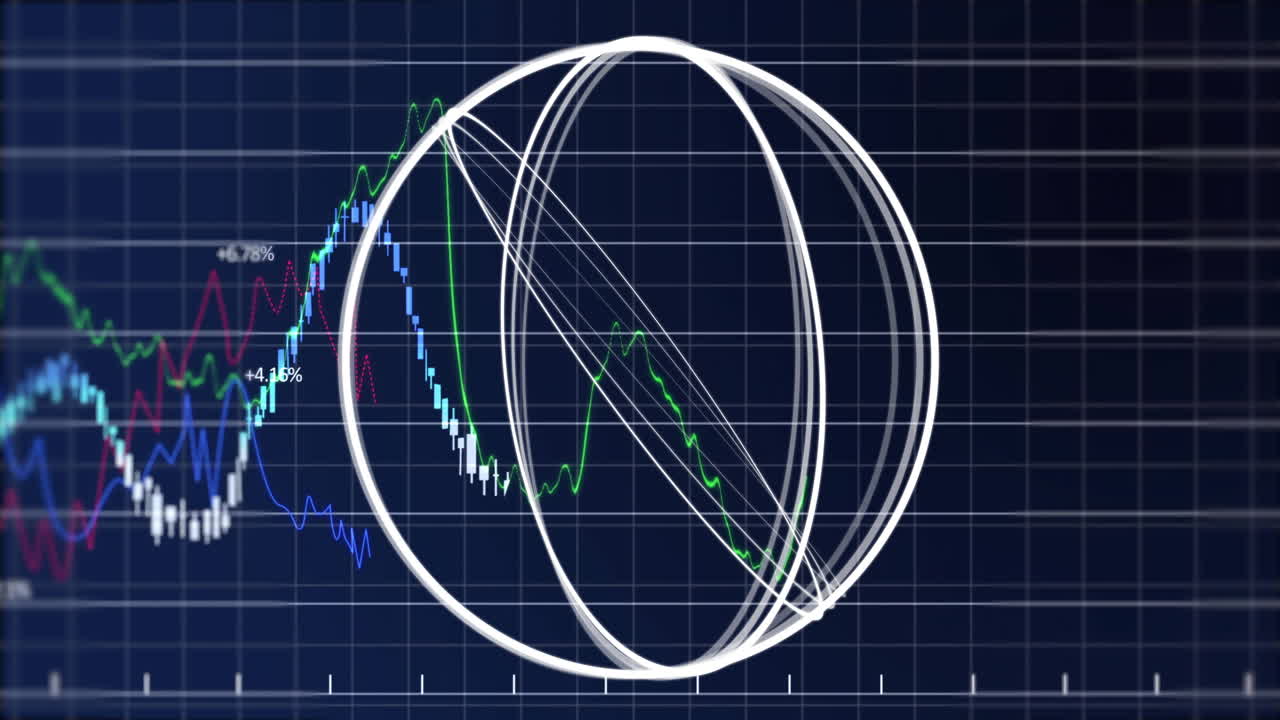 Stock market trends and data analysis animation over fluctuating graph lines