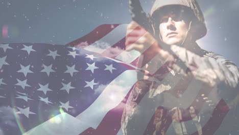 Animation-of-snow-falling-over-caucasian-male-soldier-and-flag-of-usa