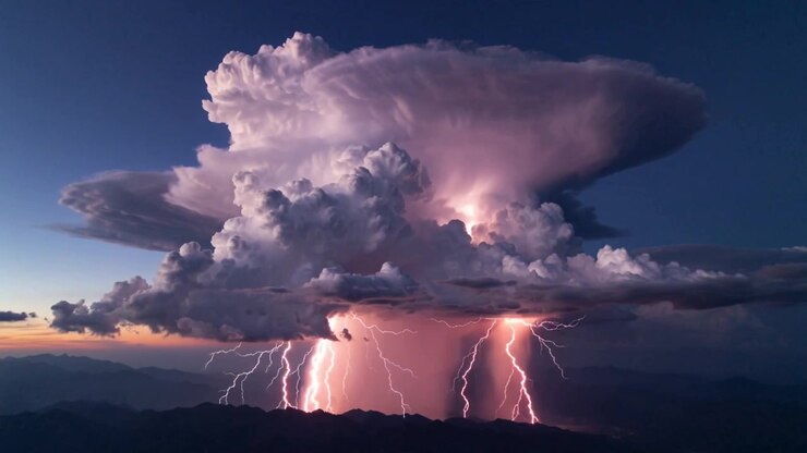 Formazione di una nube a incudine con una corrente ascensionale che sale, emettendo fulmini sopra le montagne al crepuscolo, scaricando pioggia