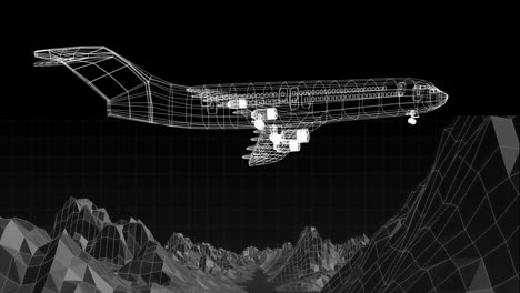 animation of 3d technical drawing of model of aeroplane and 3d mountains