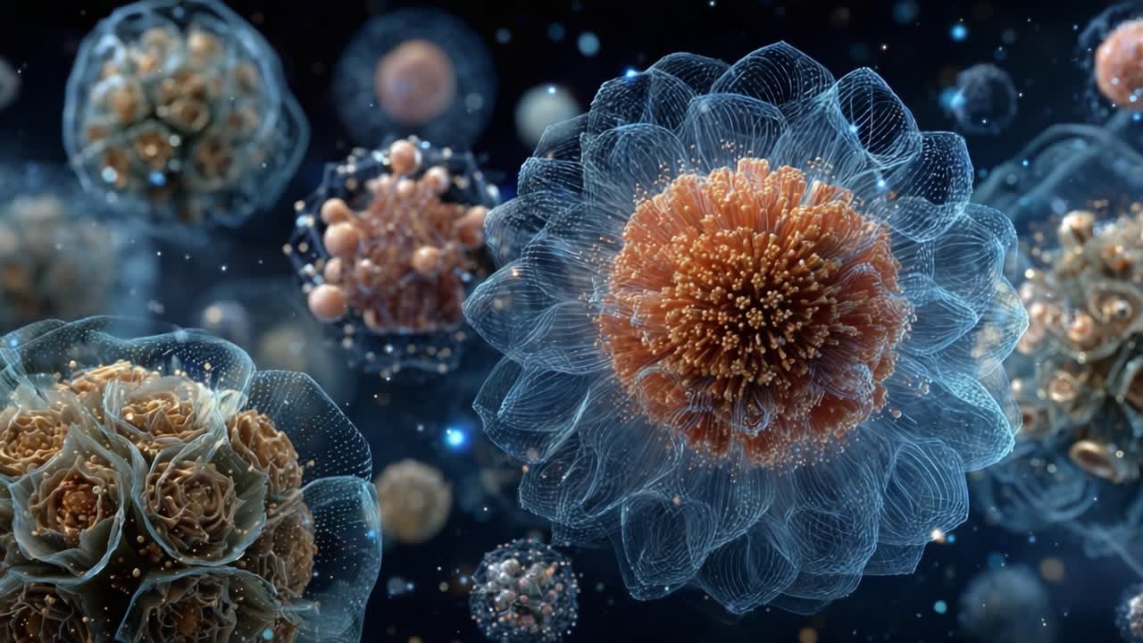 De microscopische wereld verkennen: een verbluffende visualisatie van complexe celstructuren en organische vormen die zweven in een donker universum.