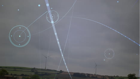 animación de la red de conexiones y punto de luz sobre el molino de viento giratorio contra el cielo azul