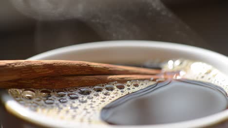 a close-up of a warm, aromatic coffee in a white cup with a wooden stirring stick, showcasing the unique creamy surface and gentle steam rising above it
