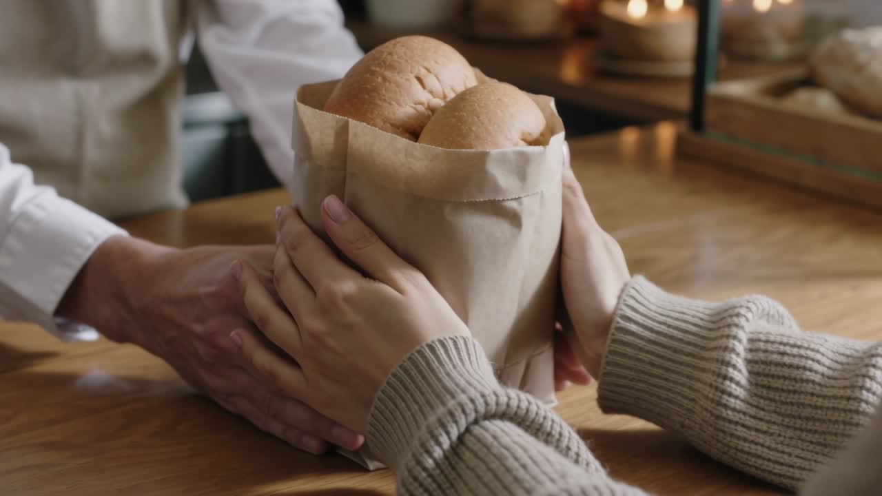 Customer reaching, aproned baker passing paper bag with three rolls after purchase at bakery