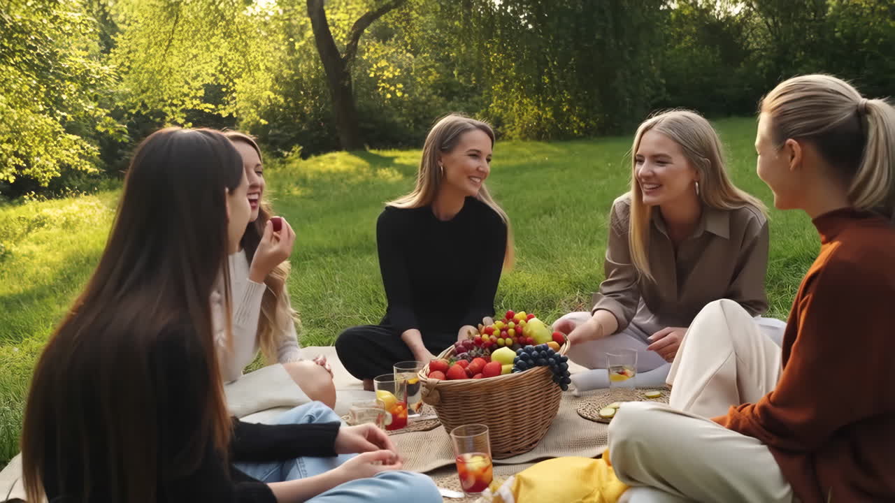 친구 들 이 공원 에서 피크닉 을 즐기고 있다