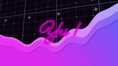 animation of yes text in pink neon with pink waves over digital grid on black