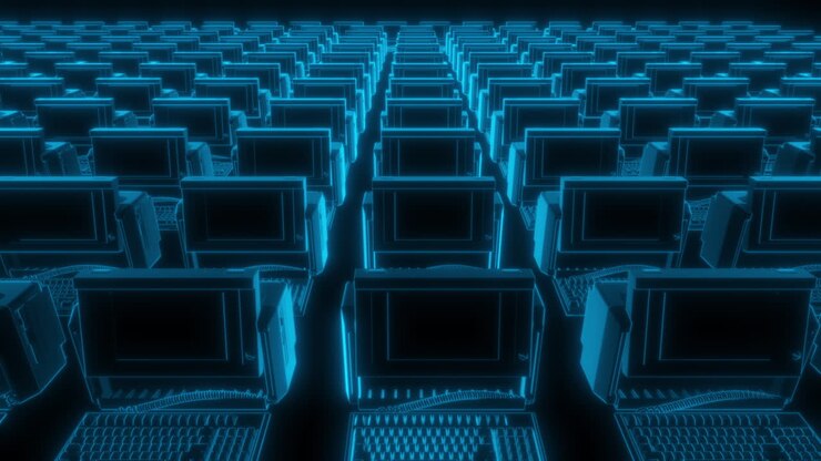 Oneindige symmetrische rijen hologram computers met schermen en toetsenborden - 3D Dolly Shot