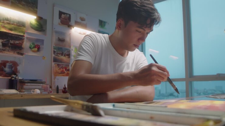 Asian Painter Working on Picture in Art Studio