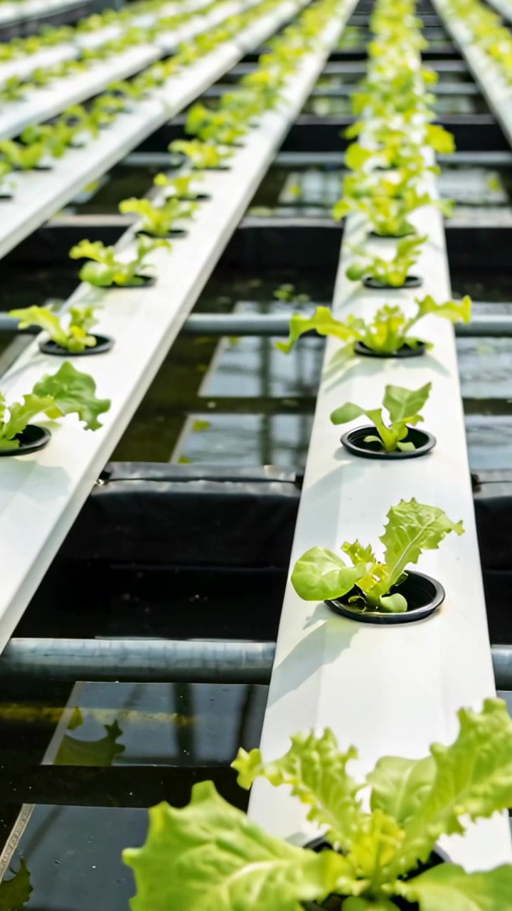 Vertical video: Pulling back camera revealing lettuce on white channels in greenhouse showing rows