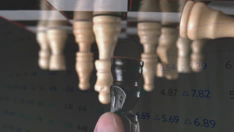 hand holding black knight chess piece floating over 3d render wooden pieces, showing financial data