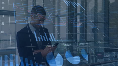 animation of financial data and graphs over caucasian businessman using smartphone