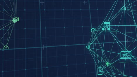 animation of network of connections with icons globes and grid