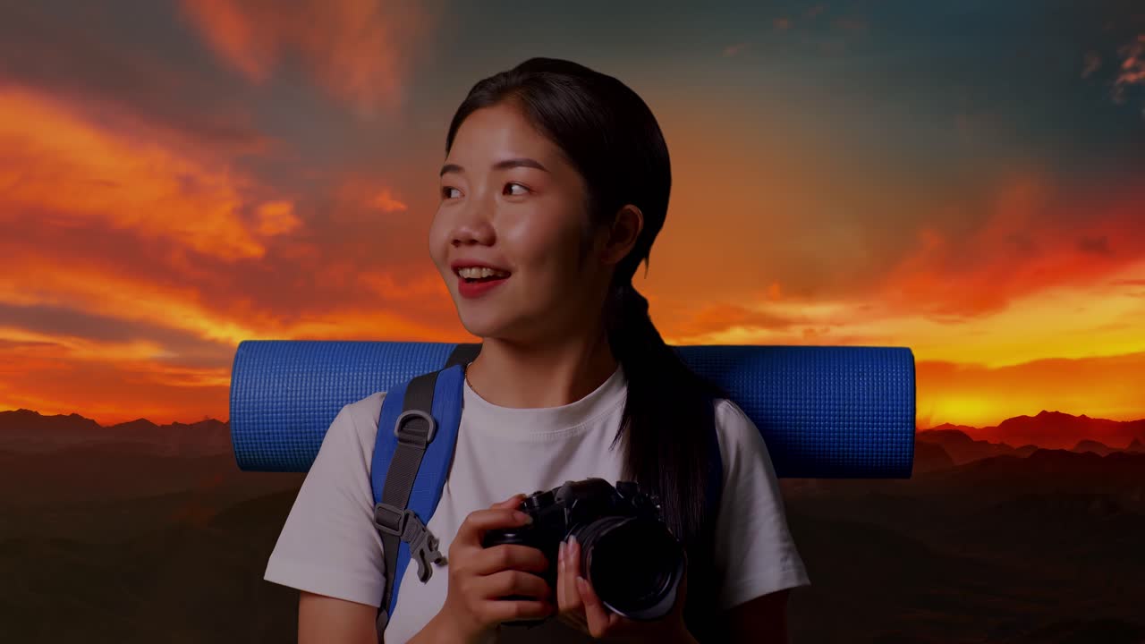 해가 지는 동안 산책하고 사진을 찍는 여자