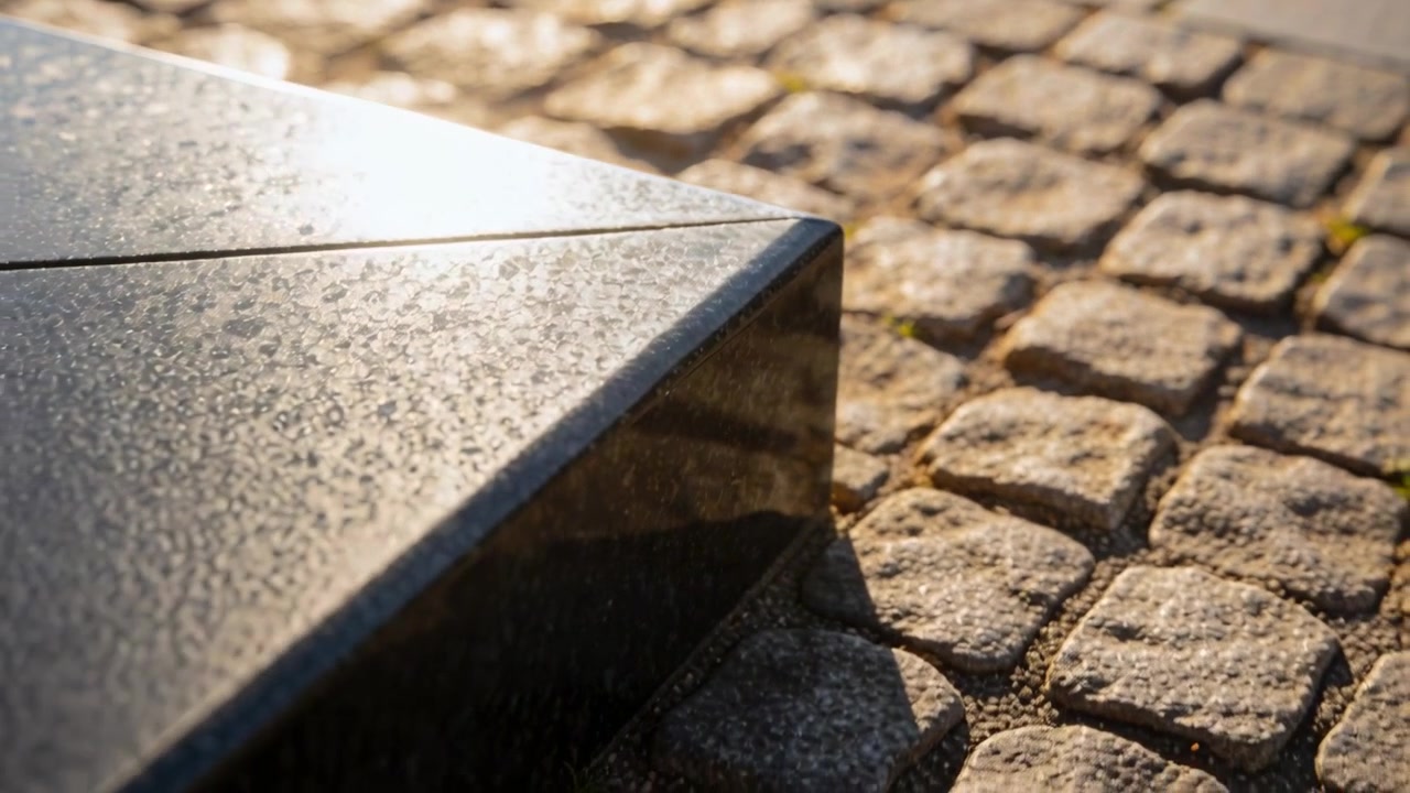 Panning low-angle camera revealing polished dark stone corner on cobbles with sun glint, shadow
